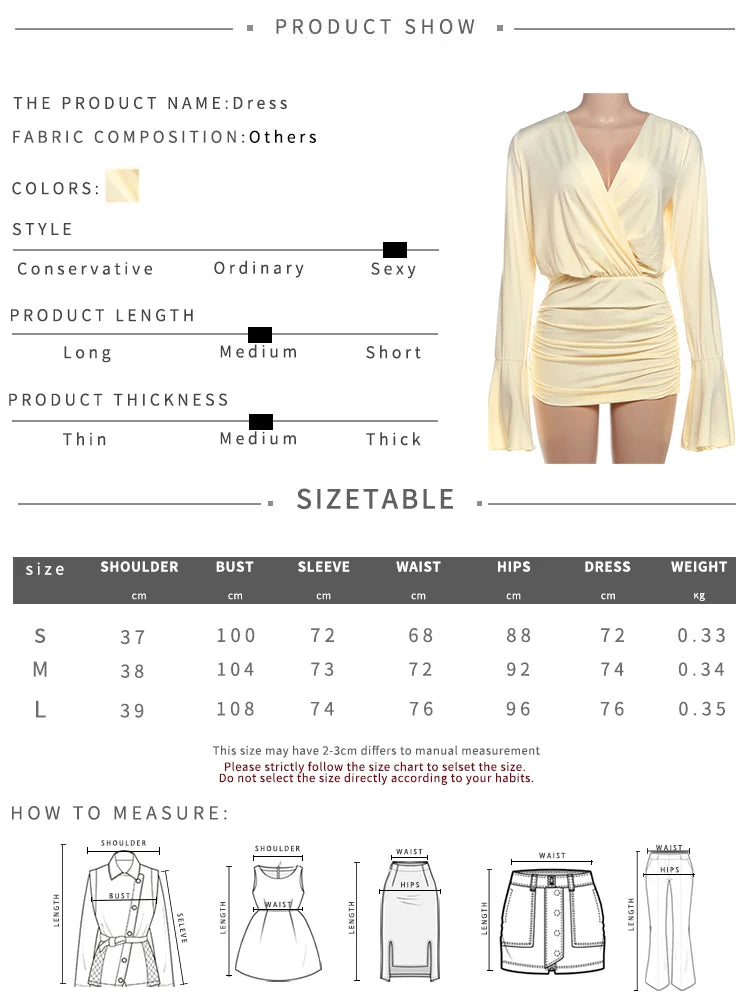 Patchwork Sashes Dress Women Ruched Elegant Thin Flare Sleeve Cross v-Neck Solid Irregular Simple Trend Mini Bodycon