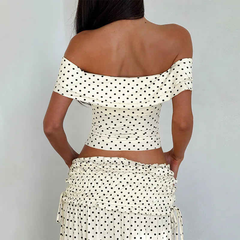 Women's Matching Sets Polka Dot Ruffle Off Shoulder Crop Top Maxi Skirt 2 Piece Set Summer Vacation Outfits
