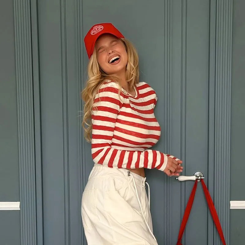 Red and White Striped Long Sleeve Crop Top Street Fashion T Shirt for Woman Autumn Clothes 2026