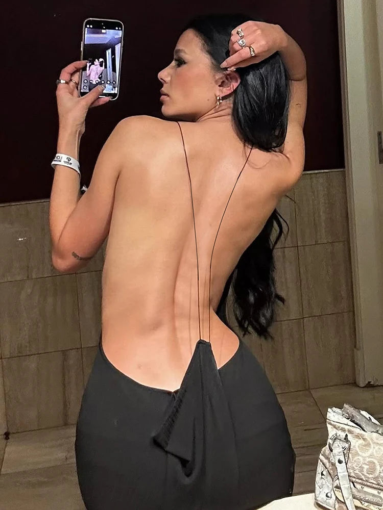 Sexy Cross Backless Dress Women Trend Metal Cube Sleeveless Low-Neck Coquette Midnight Party Club Stretch Vestidos