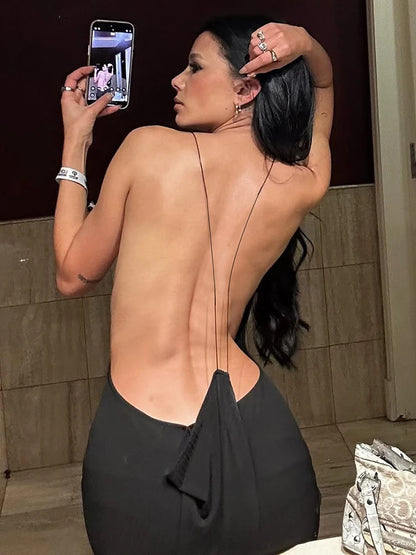 Sexy Cross Backless Dress Women Trend Metal Cube Sleeveless Low-Neck Coquette Midnight Party Club Stretch Vestidos