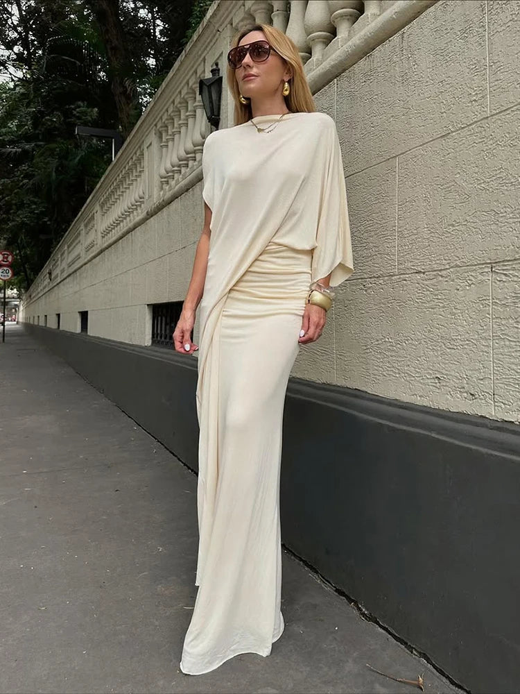 Elegant 2-Piece Set Women a Sleeve Irregular Hem Crop Tops+Folds Elastic Waist Long Skirts Solid Elasticity Fashion Suit