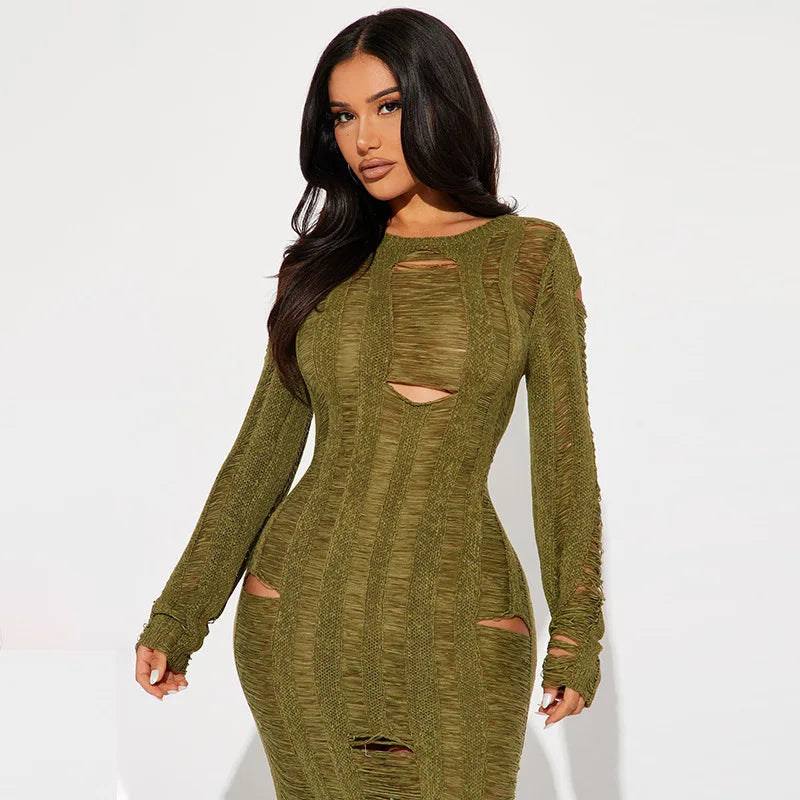 Distressed Sweater Dress Woman Winter Fashion Sexy See Through Hollow Knit Bodycon Long Dresses Club Outfits