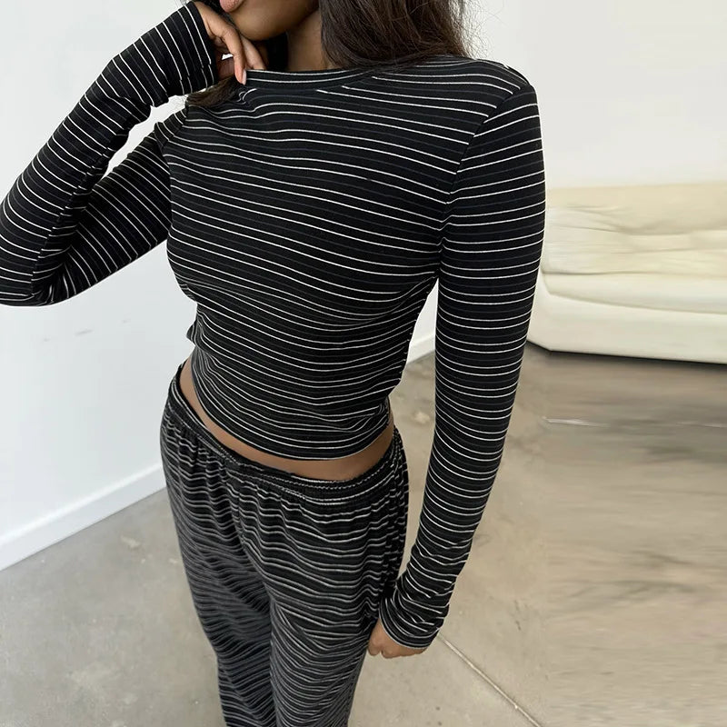 Casual Striped Long Sleeve 2 Piece Sets Women Outfit Wide Leg Pants and Crop Top Matching Sets Brunch Outfit