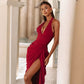 Halterneck Ruched Maxi Dress with High Slit Sexy Party Dresses Woman Elegant Luxury Evening Gowns
