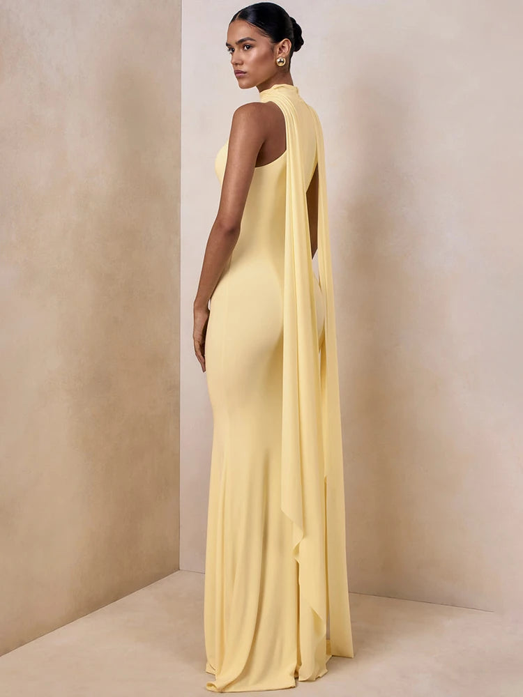 Women Sexy Mermaid Maxi Dress Halter Sleeveless With Flowing Cape Backless Bodycon Long Formal Evening Party Dress