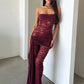 Lace Strapless Jumpsuits Women Ruched Sash Wrap Flare Pants See Through Mesh Bodycon Romper Night Club Party Jumpsuit