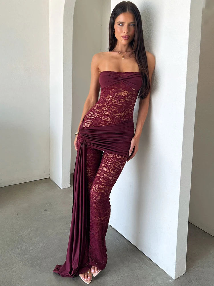 Lace Strapless Jumpsuits Women Ruched Sash Wrap Flare Pants See Through Mesh Bodycon Romper Night Club Party Jumpsuit