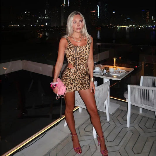 Leopard Print Sequin 2 Piece Set Backless Corset Top and Mini Skirt Sexy Club Outfits Women Summer Co Ord