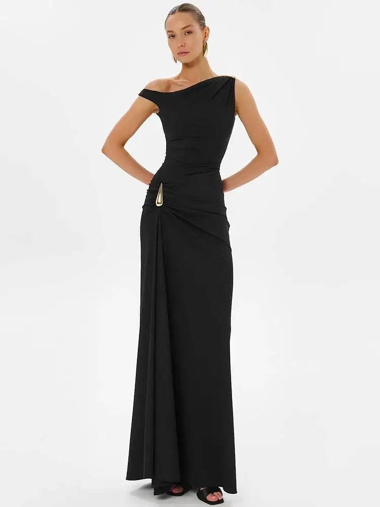 One Shoulder High Split Sexy Maxi Dress Women Elegant Sleeveless Backless Ruched Bodycon Club Party Long Dresses