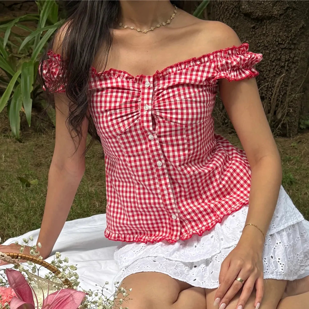 Ruffles Hem Babydoll Vest Women Fairy Grunge Y2K T-shirts Button Front Cap Sleeve Crop Top Vinatge E-Girls Aesthetic Tee