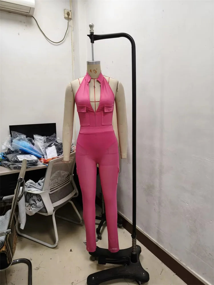 Mesh Patchwork Jumpsuits Women Halter Low-Neck Multiple Pockets Skinny Peach Hip Midnight Hipster Club Party Outfits