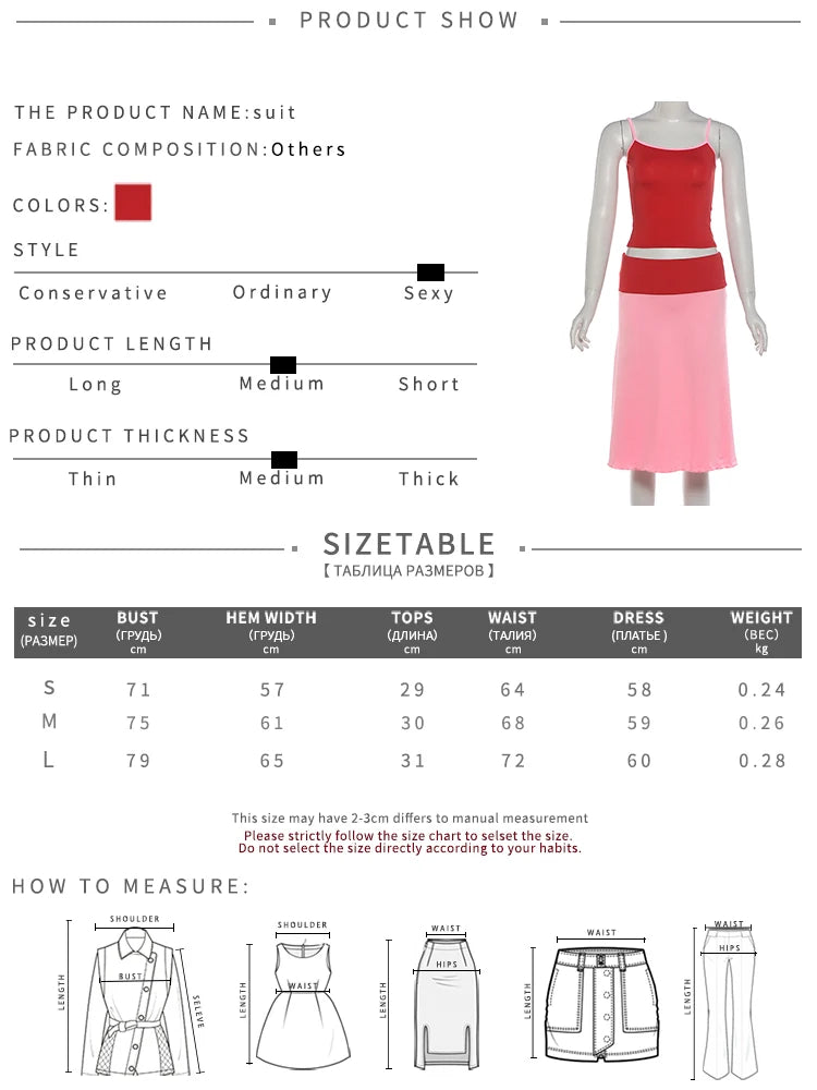 Color Blocking 2-Piece Set Women Low-Neck Skinny Camisole+Patchwork Elastic Waist Skirt Street Vacation Streetwear