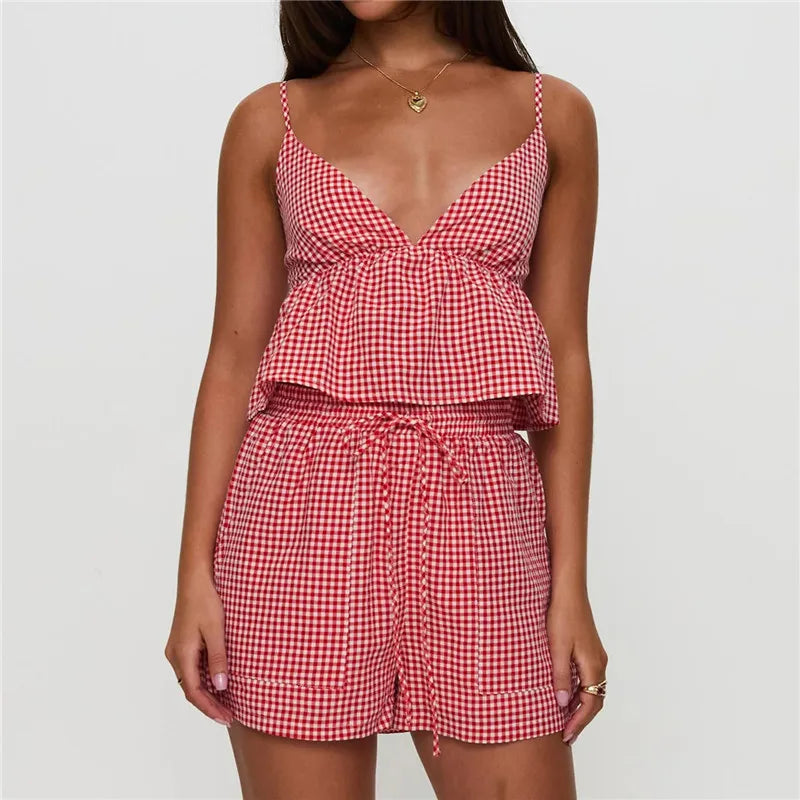 Women Vintage Two Piece Shorts Set Plaid V-neck Backless Camisole with Elastic Waist Shorts Summer Beach Holiday Outfit