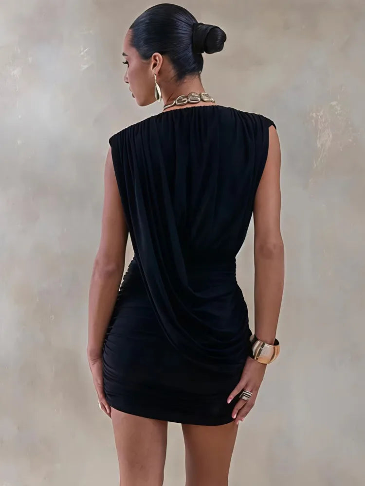 Deep V Neck Sleeveless Sexy Mini Dress Women Elegant Irregular Draped Slinky Club Party Tank Dress Female Clothes