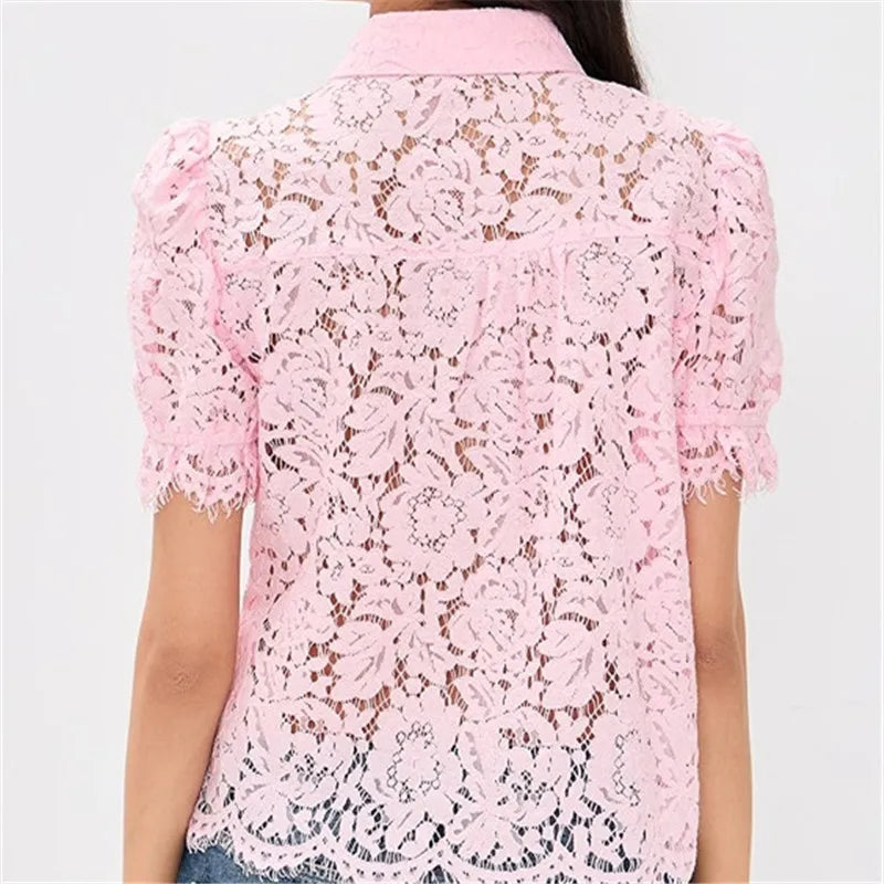 Vintage Floral Lace Blouse For Women Mandarin Collar Frog Button Puff Sleeve Sheer Hollow Out Shirt Solid Summer Party