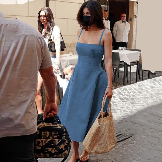 Blue Denim Long Dress Kylie Jenner Outfits Spaghetti Strap Backless Fit and Flare Dresses for Women 2024