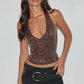 Women’s Sequin Halter Tank Tops Summer Solid Color Slim Fit Deep V Neck Backless Sleeveless Vest Y2K Streetwear