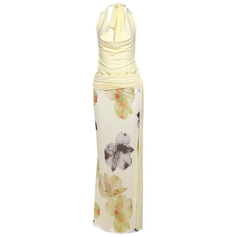 Halter Top and Floral Mesh Split Long Skirt Suit Two Piece Set Summer Resort Wear Ladies Summer Outfits