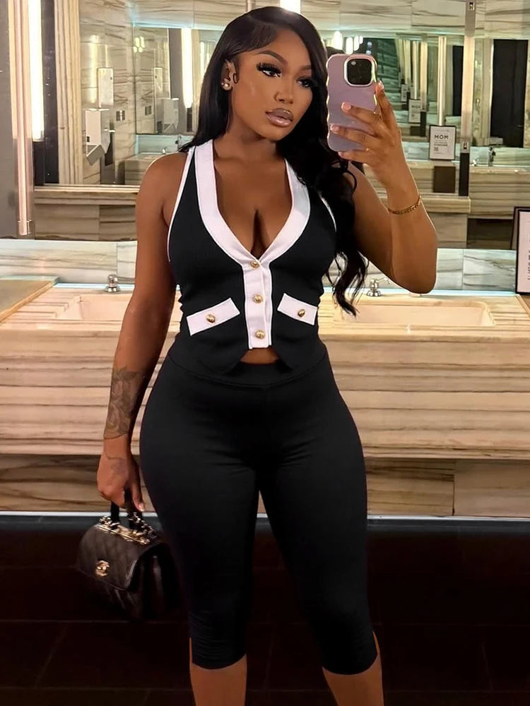 Metal Buckle Women 2 Piece Set Halter Patchwork Backless Tank Tops+Mid Short Matching Slim Streetwear Elegant Outfits