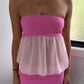 Y2K Sweet Strapless Mesh Spliced Tube Top Women Sheer Chiffon Peplum Flowy Crop Top Sleeveless Casual Party Blouse
