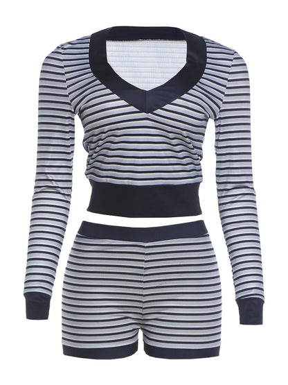 Stripe Print 2 Piece Set Woman Low-Neck Full Sleeve Navel Exposed Tops+Mini Shorts High Street Casual Fashion Suits