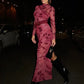Turtleneck Flower Jacquard Dress Women Fashion See Through Full Sleeve Stretch  Chic Sexy Trend  Party Club Long Bodycon