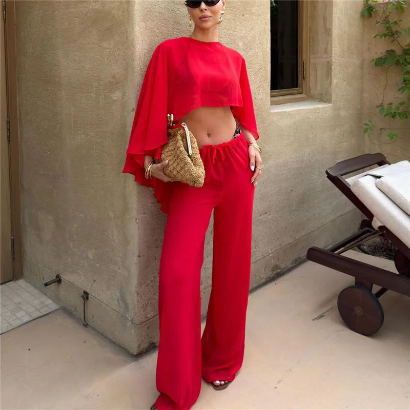 Y2K Retro Sheer Chiffon Cape 2 Piece Set Women Cropped Flowy Top Drawstring Wide Leg Pants Beach Street Matching Outfit