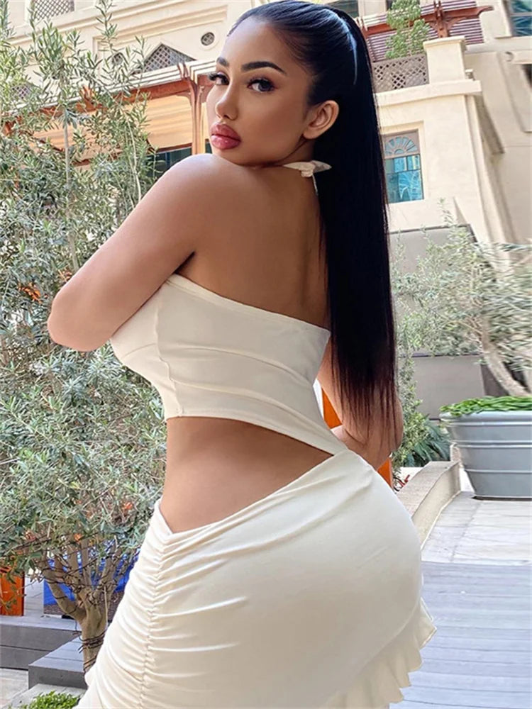 Sexy Hollow Waistless  Dress Women Halter Turtleneck Backless Sleeveless Ruffles Tassel Hottie Hipster Mini Bodycon