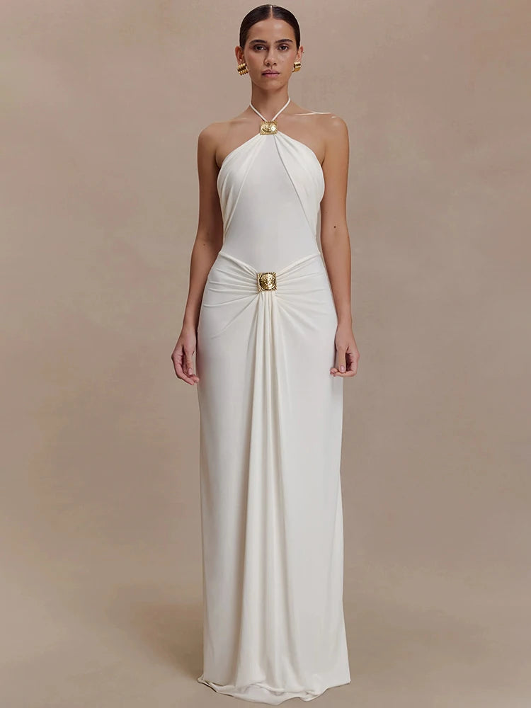 Halter Off-shoulder Backless Sexy Maxi Dress Women Elegant Metal Decoration Draped Ruched Bodycon Club Party Dress