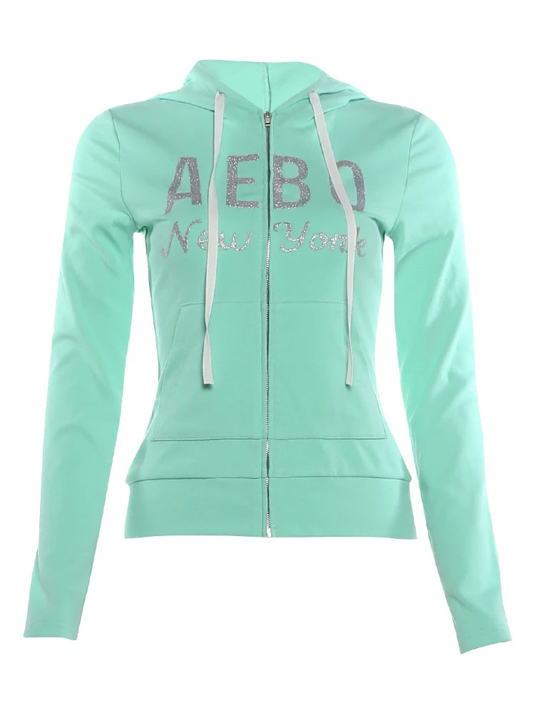 Letter Print Hooded Crop Tops Zipper Full Sleeve Drawstring Stretch Skinny Sporty Style Autumn Trend Daily Streetwear
