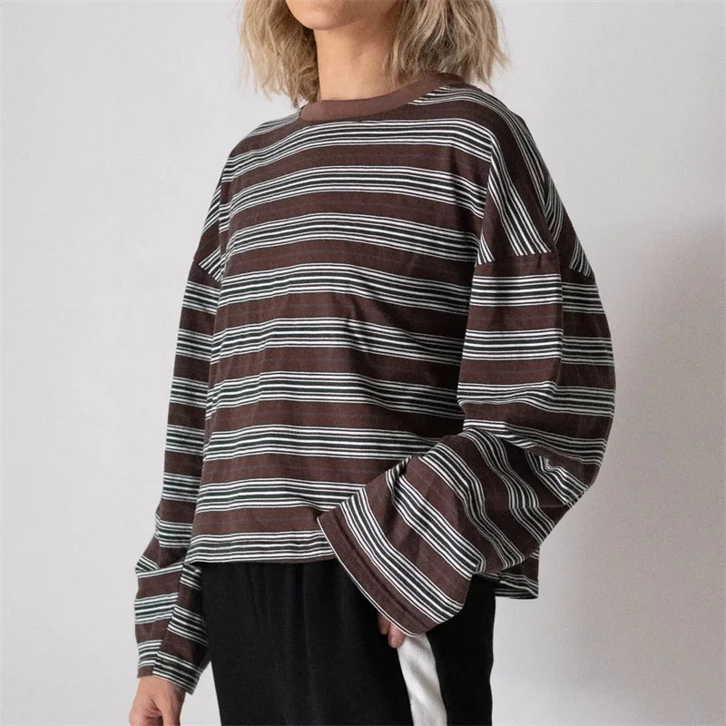 Women Y2k Striped T-shirt Basic Long Sleeve Crew Neck Loose Fit Ladies Fall Spring Casual Tee Top Streetwear