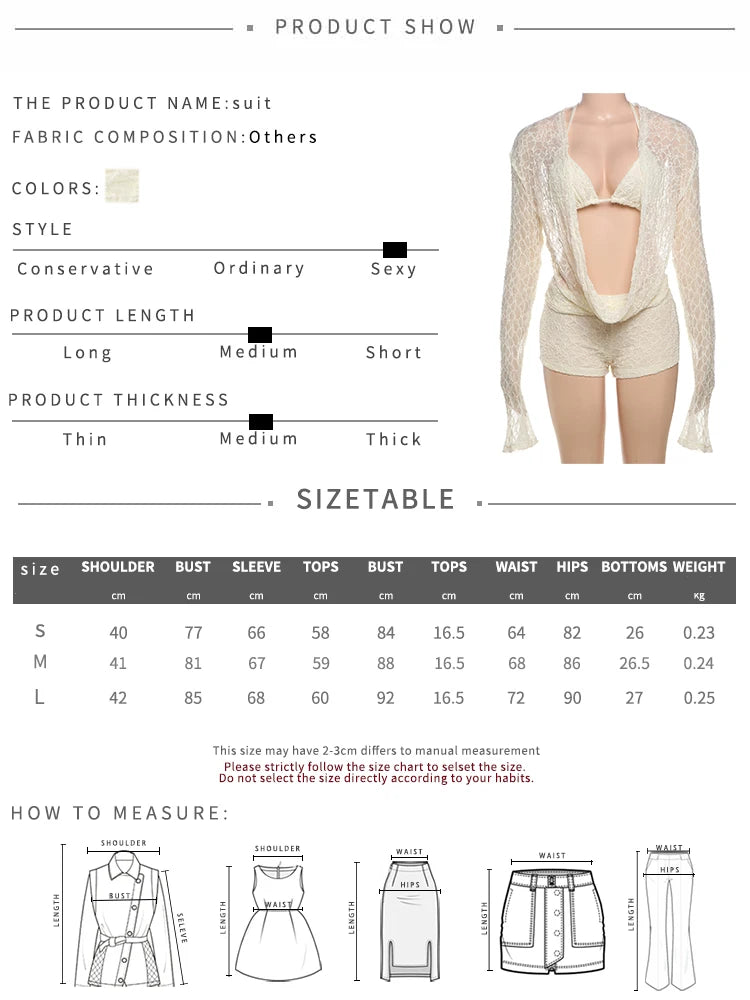 Sexy See Through 3 Piece Set Women Halter Bra+Swing Collar Flared Sleeve T-Shirts+Skinny Shorts Fashion Elegant Set
