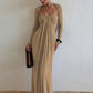 Women Halter Neck Backless Sexy Maxi Dress Long Sleeve Draped Pleated Elegant Wedding Guest Evening Party Long Dress