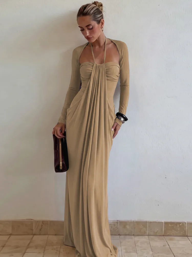 Women Halter Neck Backless Sexy Maxi Dress Long Sleeve Draped Pleated Elegant Wedding Guest Evening Party Long Dress