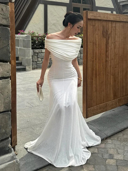 Slanted Collar Dress Women Classic Patchwork Elegant Ruched Skinny Chic Summer Birthday Party Banquet Simple Vestidos