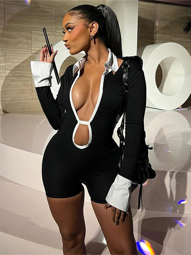 Sexy Polo Neck Playsuit Women Leopard Backless Bandage Full Sleeve Skinny Contrast Color Midnight Street Club Rompers