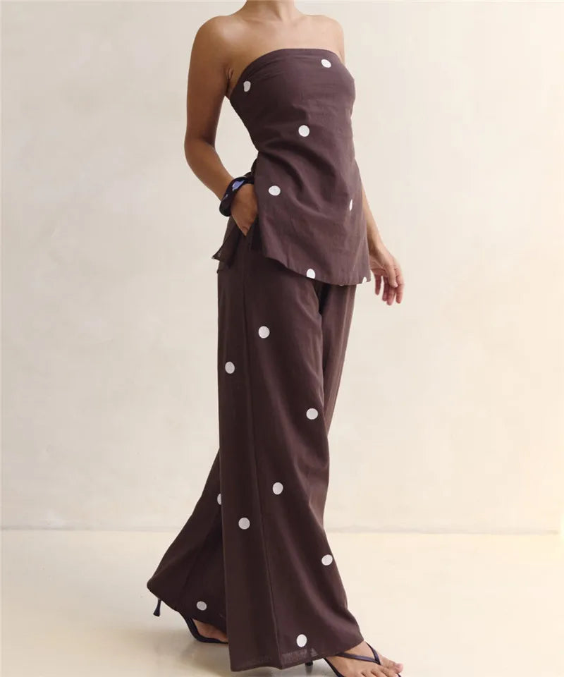 Fashion Polka Dot 2 Piece Outfits for Women Double Slit Strapless Tube Top + Baggy Wide Leg Pants Set Summer Streetwear