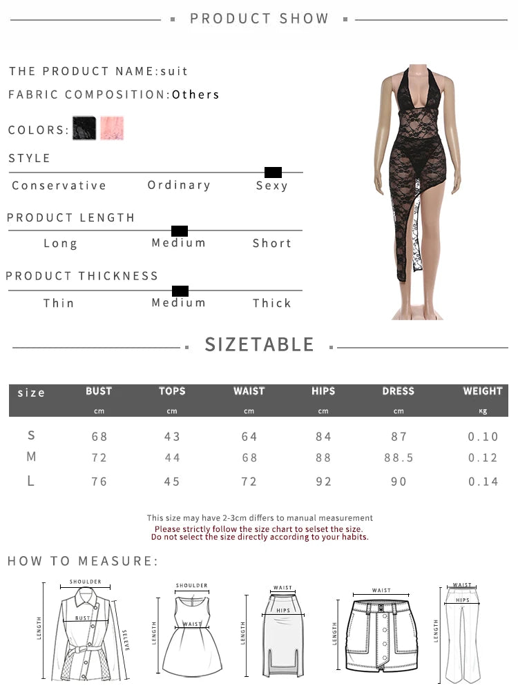 Sexy Fashion 2 Piece Set Woman Lace Patchwork Halter Low-Neck Backless Skinny Bodysuits+Irregular Mid Skirts Suits