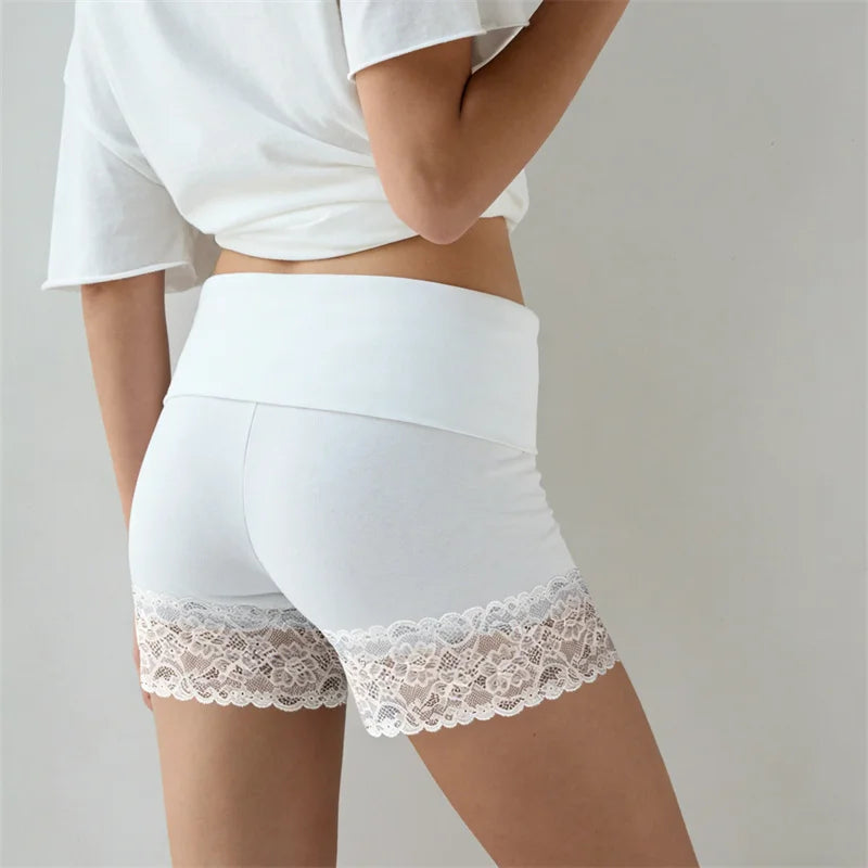Chic Y2K Style Fold Over Waist Lace Trim Biker Shorts for Women Solid Color Soft Safety Shorts Casual Daily Loungewear