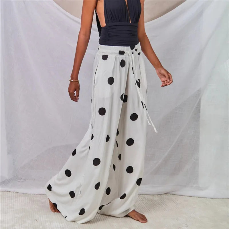 Women Polka Dot Wide Leg Pants Elastic Waist Drawstring Palazzo Pants with Pockets Casual Beach Vacation Summer Trousers