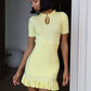 Summer Short Sleeve Ruffle Mini Dress Women Sweater Pullover Elegant Fashion Hollow Out Ribbed Slim High Waist Dress