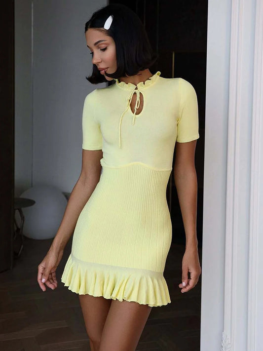 Summer Short Sleeve Ruffle Mini Dress Women Sweater Pullover Elegant Fashion Hollow Out Ribbed Slim High Waist Dress