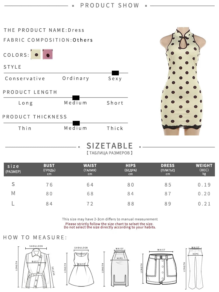 Hollow Stand-Up Collar Dress Women Polka Dot Print Patchwork Lace Sleeveless Skinny Street Summer Party Mini Bodycon