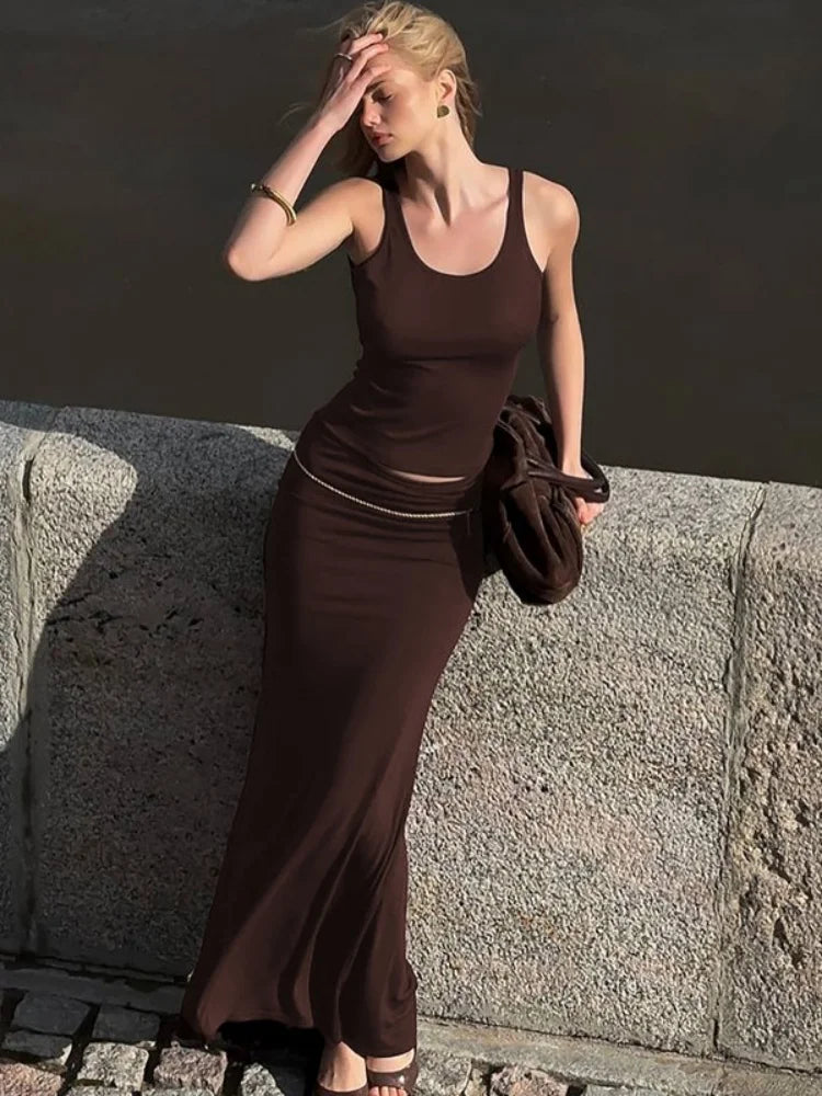 Two Piece Outfits Woman Elegant Sleeveless Crop Top and Long Skirts Matching Sets