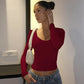 Solid Color Basic Low Cut Long Sleeve Top Tight Fitted Ladies T Shirts Popular Clothing Woman Fall 2025