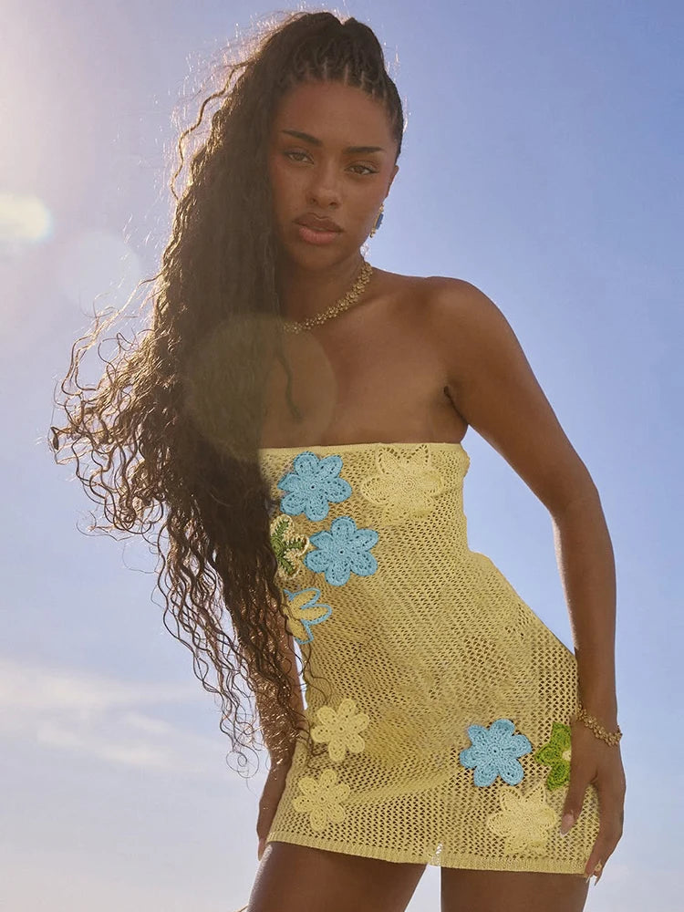 Biased Collar Knit Dress Women Y2K Flowers Backless Sexy Vacation Beach Hollow Vacation Beach Party Slim Mini Bodycon