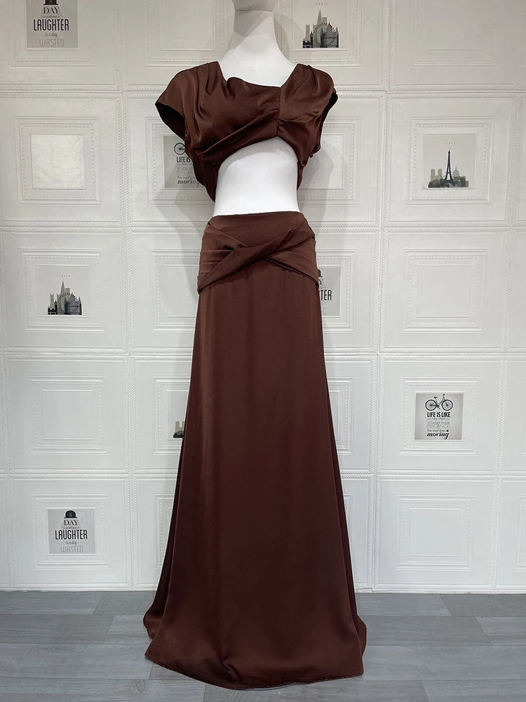 Women's Sexy Club Party Two-Piece Set Elegant Sleeveless Crop Top Maxi Skirt Matching Sets Female Ruched Two Piece Set