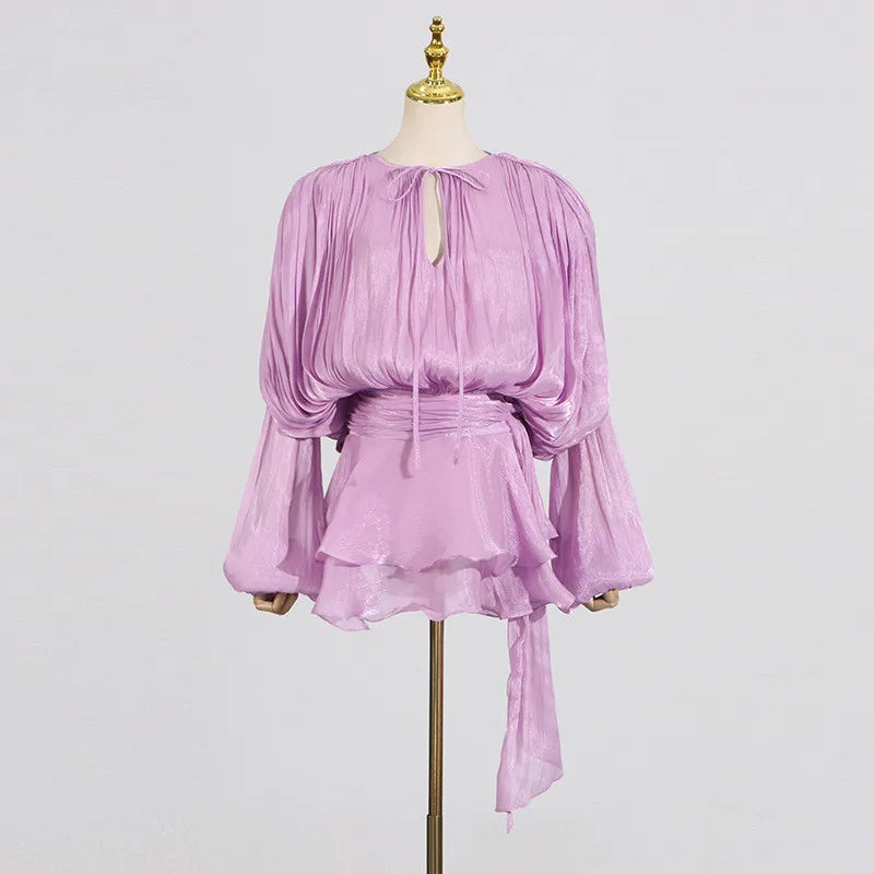 Elegant Womens Ruffle Mini Dress Long Lantern Sleeve Tie-up Front Solid Color Pleated Dress Short Flowy Dress Party Club
