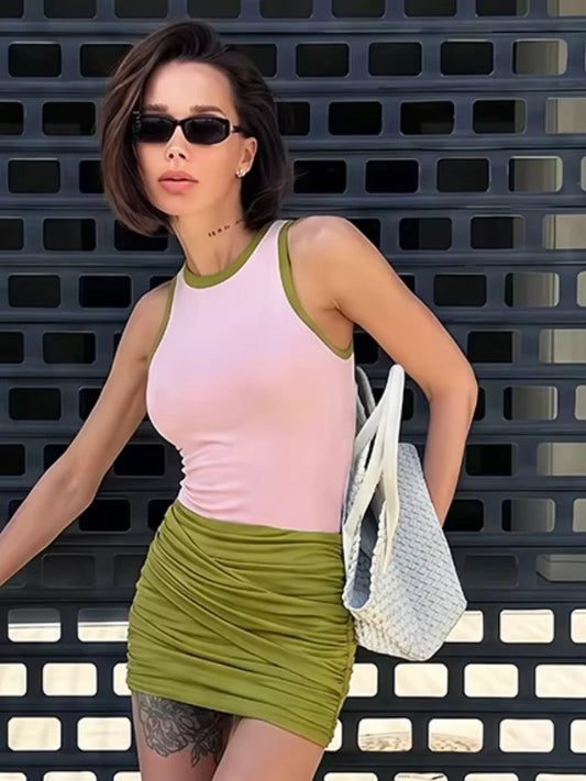 Vacation Dress Women Sweet Color Blocking Fashion Ruched Sleeveless O-Neck  Stretch Sexy Chic Party Peach Hip Bodycon